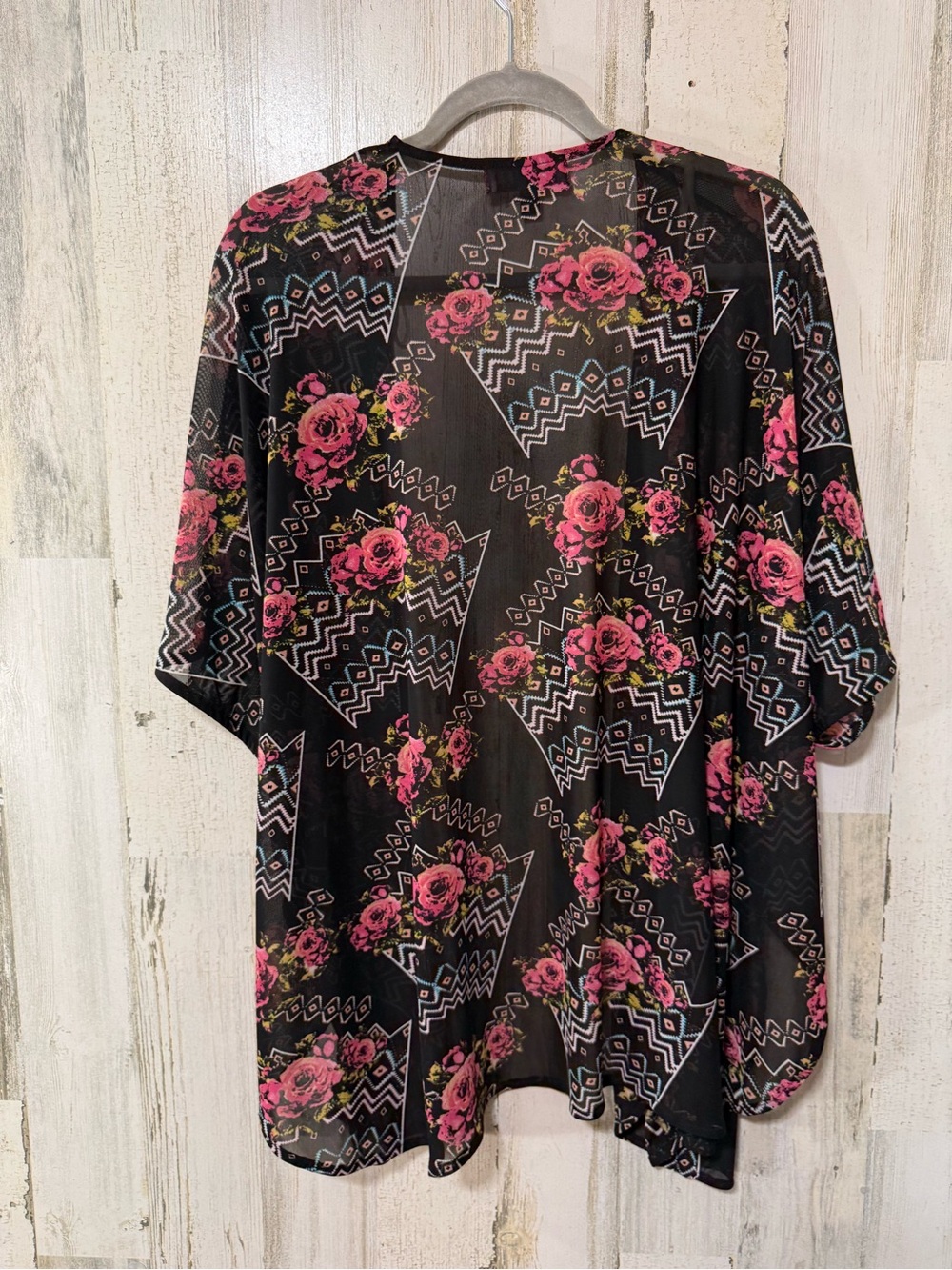 Floral Sheer Kimono Oversized Coverup in Black with Pink Roses - Picture 5 of 7